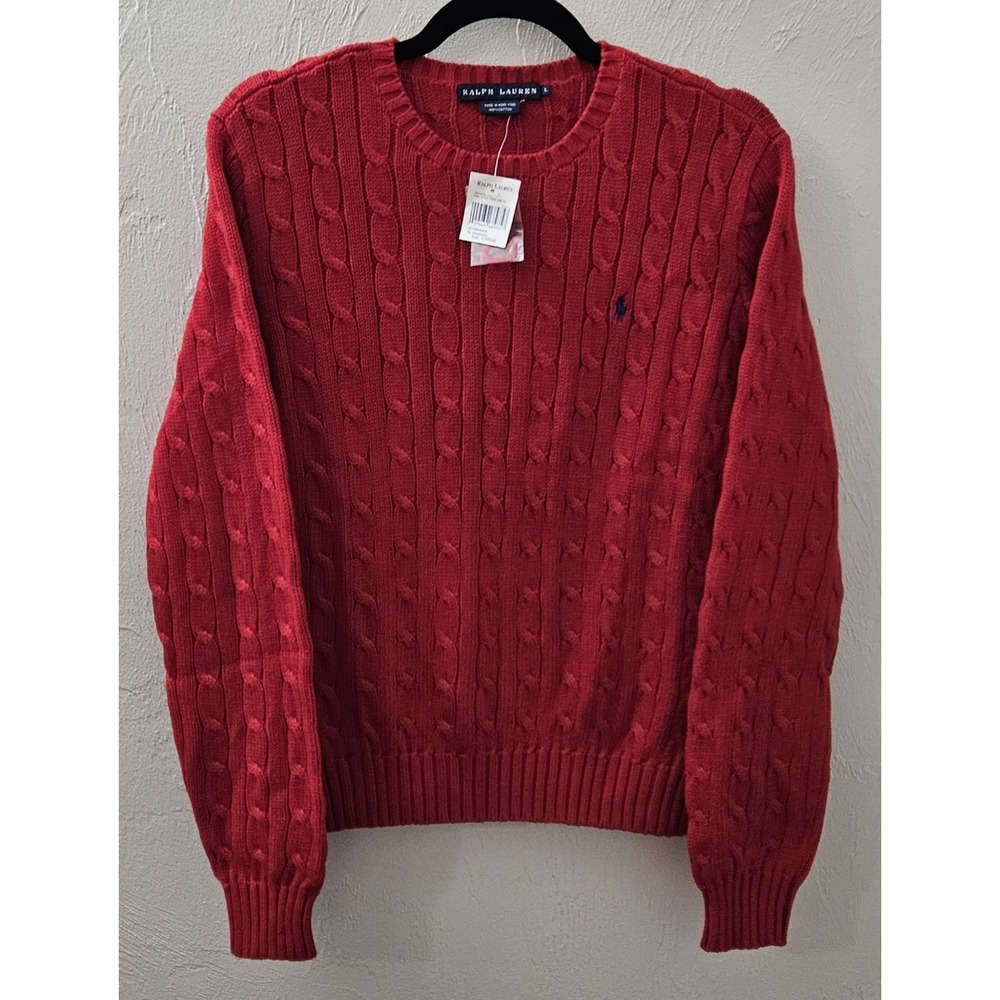 NEW w/Tags Ralph Lauren Red Cable Knit 100% Cotton Sweater Men's Large Crewneck